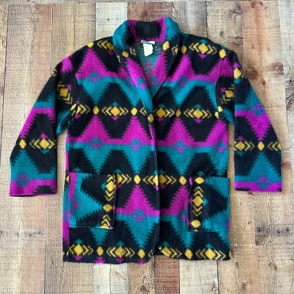 Vintage Village Fair Womens Size M Cardigan Jacket With Aztec Pattern & Pockets